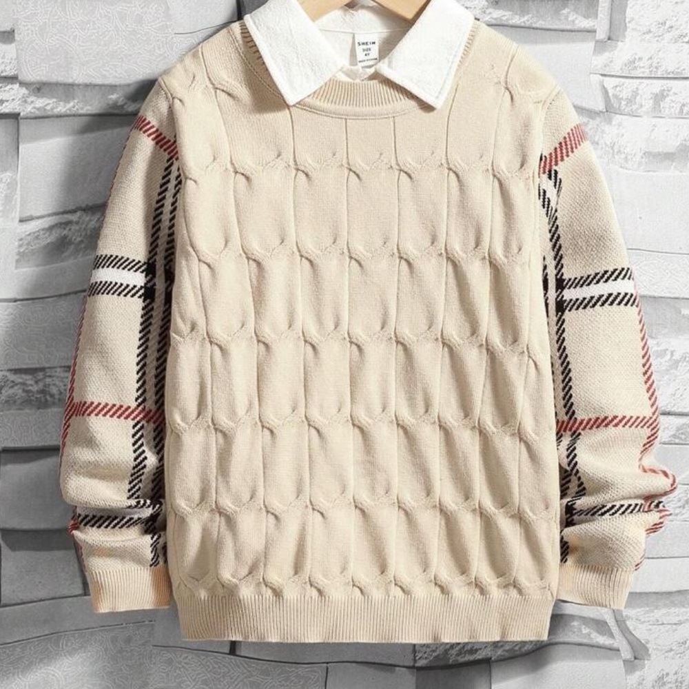 Cream Sweater with Patterned Sleeves